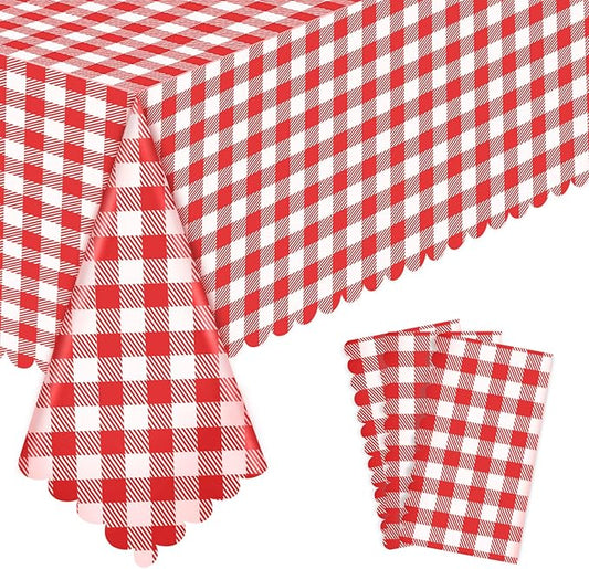 3 Pack Red Gingham Tablecloths, 54 X 108Inch Plastic Red and White Checkered Tablecloth Disposable Picnic Table Cloths Waterproof Outdoors Tablecloth for Camping Picnic Barbecue Birthday Party