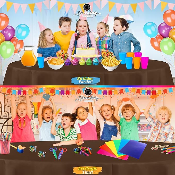 Grandipity Brown Plastic Table Cloth Disposable (6 Pk) 84in Round Tablecloth Premium Party Table Cloths Disposable - Perfect Table Cloth Round Cover for Any Table Up to 6 Feet