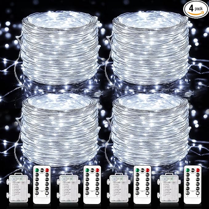 Fairy Lights Battery Operated, 33Ft 100 LED Twinkle Lights with Remote and Timer, 8 Modes Waterproof Lighting for DIY Bedroom Wedding Table Centerpieces Christmas 4 Pack