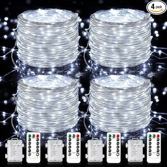 Fairy Lights Battery Operated, 33Ft 100 LED Twinkle Lights with Remote and Timer, 8 Modes Waterproof Lighting for DIY Bedroom Wedding Table Centerpieces Christmas 4 Pack