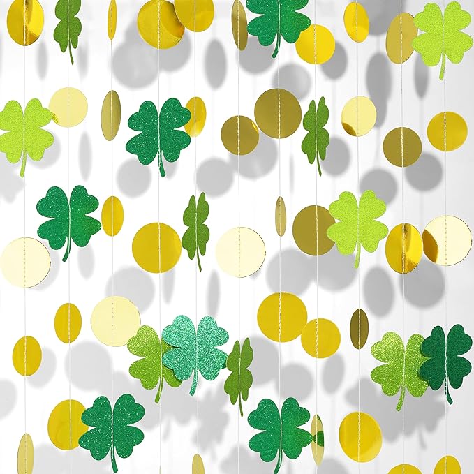 40Ft Glitter Shamrock Clover Garland St. Patrick's Day Decor Clover Glitter St Paddys Banner Hanging Streamers for Irish Lucky Spring Party Home Office Decor Supplies