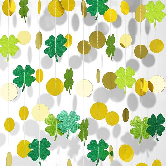 40Ft Glitter Shamrock Clover Garland St. Patrick's Day Decor Clover Glitter St Paddys Banner Hanging Streamers for Irish Lucky Spring Party Home Office Decor Supplies