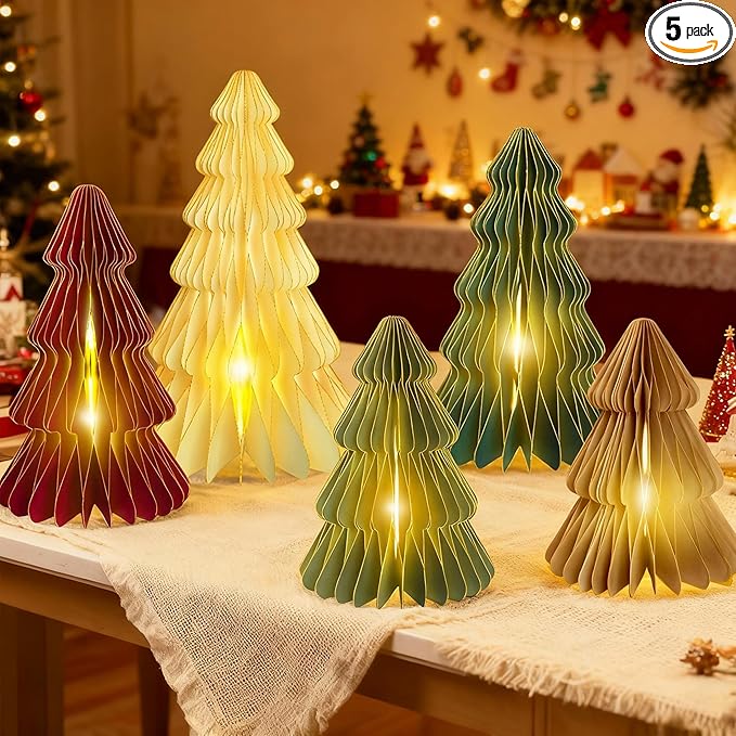 5Pcs Large Christmas Table Decorations Paper Christmas Trees, Light Up Honeycomb Xmas Tree Centerpieces for Tables for Christmas Frozen Winter Wonderland Party Vintage Home Decor, 12/14/16 Inch