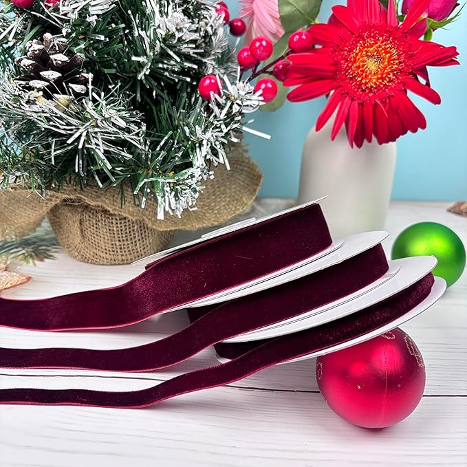 Vintage Burgundy Velvet Ribbon, 3 Rolls Thin Maroon Velvet Ribbon for Gift Wrapping, Wine Christmas Ribbons for Christmas Tree Ornaments, Holiday Decor, Wreaths, 3/8, 5/8, 1 inch Wide, 30 Yards Total