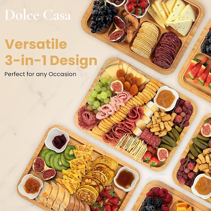 Charcuterie Board with Lid 3-in-1, Portable Bamboo Serving Tray with Lid & Removable Snack Tray for Cheese, Fruit, Food - Covered Cheese Platter for Picnic, Travel, Ready-to-Gift