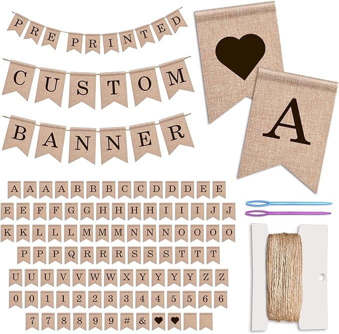 Pre-Printed Banner Kit – 97 BURLAP Flags with BLACK Letters, Numbers & Symbols, Reusable DIY Custom Banner, Make Your Own Personalized Party Banner, Faux Burlap, Includes Twine & 2 Needles