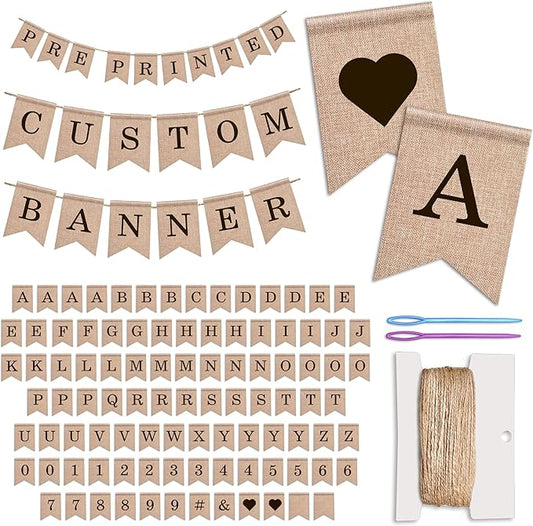 Pre-Printed Banner Kit – 97 BURLAP Flags with BLACK Letters, Numbers & Symbols, Reusable DIY Custom Banner, Make Your Own Personalized Party Banner, Faux Burlap, Includes Twine & 2 Needles