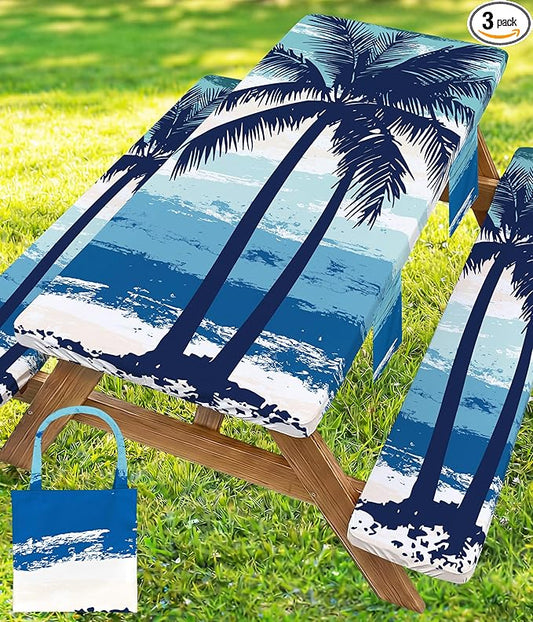 Picnic Table Cover with Bench Covers Waterproof Fitted Table Cloth Tablecover Camp Camper Camping Essentials Outdoor Summer Beach River Water Motorhome Trailer Road Trip Tent Rv Car Travel Activities