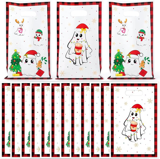 Haooryx Christmas Ghost Gift Bags - 50 Pcs Little Boo Plastic Pack Christmas Holiday Gift Wrap Reusable Tote Goodie Goody Bags Xmas Present Wrapping Party Favor Supplies Handles Bulk Shopping Retail