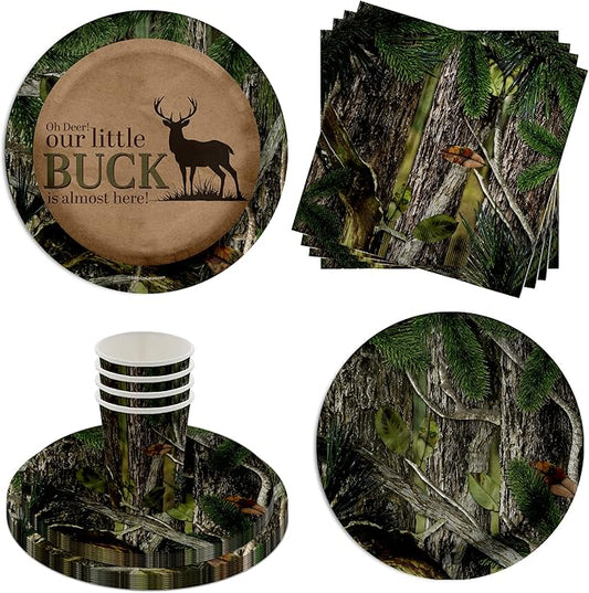Birthday Galore Buck Hunter Baby Shower Gender Reveal Themed Party Supplies - 64 Pieces Elegant Deer Hunting Disposable and Quick Tableware Setup with Plates, Napkins, Cups for All Event - Kit for 16