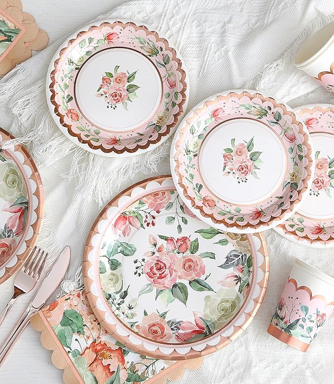 Vintage Floral Party Supplies Rose Gold for Mother's Day - Serves 16 - Includes Flower Paper Plates Cups Napkins Knifes Forks for Baby Shower Bridal Shower Wedding Birthday Decorations Tea Party