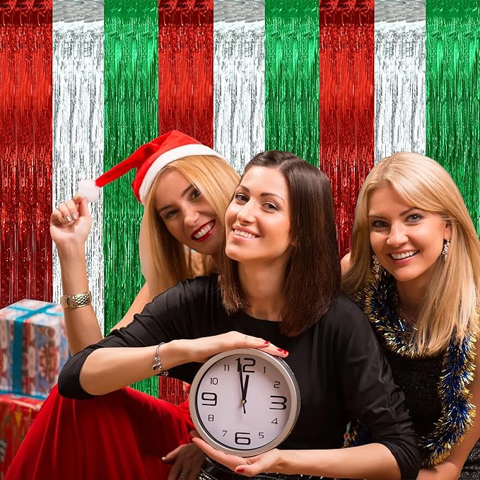 BEISHIDA 3Pcs Red Silver Green Door Streamer Christmas Day Backdrop Foil Fringe Tinsel Merry Christmas Curtains Backdrops for Christmas Day Party Decoration (3.28 ft x 6.56 ft)