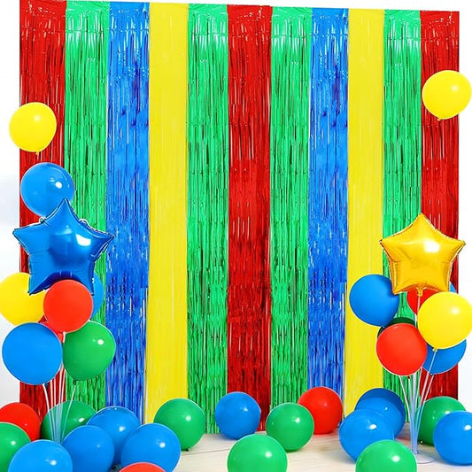 BEISHIDA 3Pcs Red Green Blue Yellow Streamer Backdrop Foil Fringe Tinsel Curtains Backdrops for Super Bros Birthday Video Game Baby Shower Decorations Party Supplies (3.28 ft x 6.56 ft)