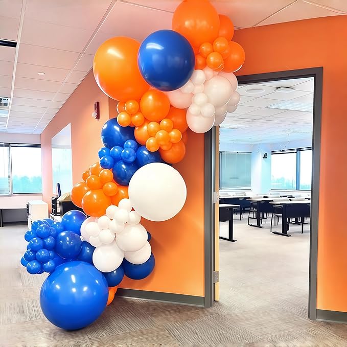 Blue and Orange Balloon Arch Garland Kit, 121PCS Dark Royal Blue and Orange White Balloons with Spikes Balloon for College High School Class of 2026 Graduation Birthday Basketball Party Decorations