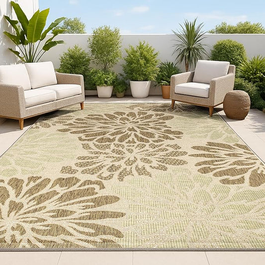JONATHAN Y Floral Textured Weave Indoor Outdoor Area Rug 3X5 Sage/Brown, Zinnia Modern for Backyard, Patio, Porch, Easy-Cleaning, High Traffic, Pet-Friendly, Non-Shedding (SMB110A-3)