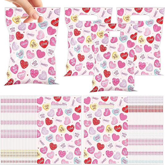 MOIZYNG 50 Pcs Valentines Day Goodie Bags with Handles, Pink Conversation Heart Plastic Candy Snack Treat Gift Bags for Kids Classroom Gift Exchange Valentine’s Day Party Favors Supplies