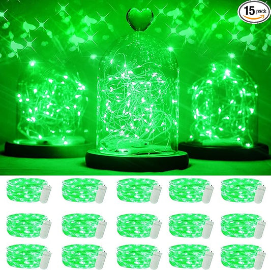 SmilingTown 15 Packs 20 Led Green Fairy Lights Battery Operated St Patricks Day Lights 6.6ft Silver String Lights Waterproof Firefly Starry Light for DIY Table Centerpieces Halloween Christmas Party