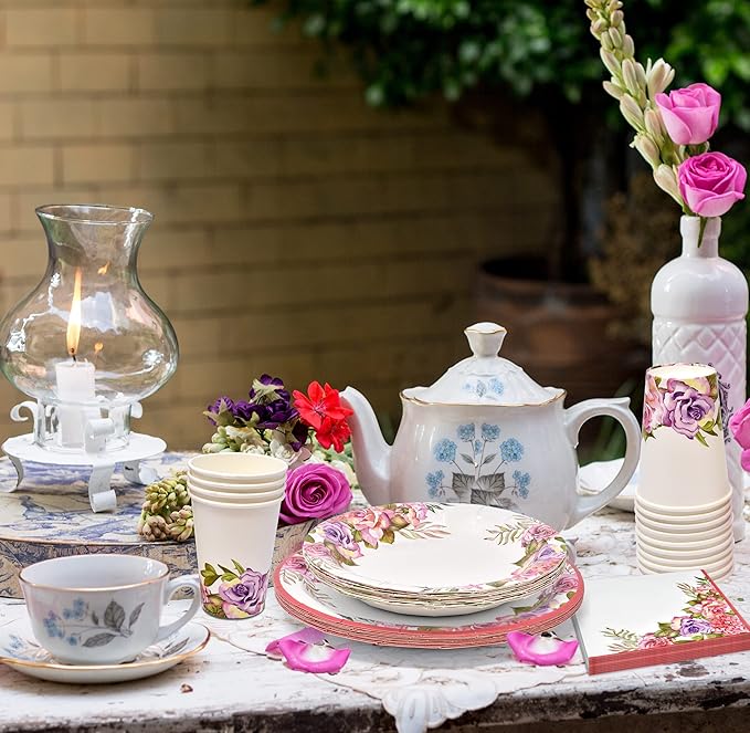 Gift Boutique 96 Pcs Floral Pink & Purple Flower Party Supplies Set Paper Plate Cup Napkin for Girl Baby Shower Tea Birthday Flowers Disposable Tableware Serves 24