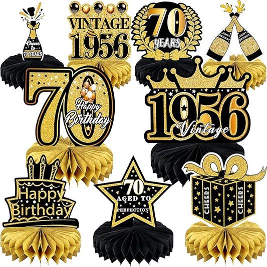 9 Pcs 70th Birthday Decoration for Men Women Happy 70th Birthday Honeycomb Centerpieces 70th Birthday Table Decorations Black and Gold Cheers to 70 Years Decor Birthday Party Favors