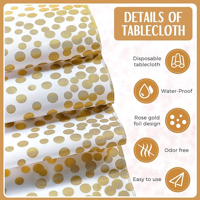 Breling 24 Packs White and Gold Disposable Plastic Tablecloths and Satin Table Runner Set, 54 x 108 Inch Tablecloth, 12 x 108 Inch Table Runners for Wedding Graduation Birthday Baby Shower