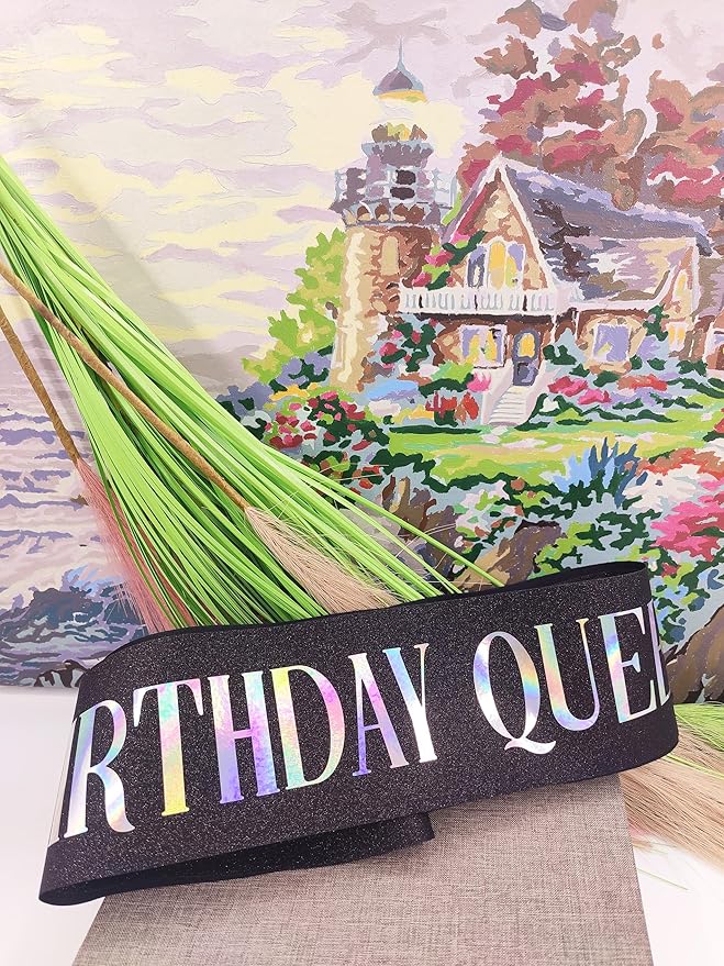 MGJSRNH 'Birthday Queen' Sash for Women,Black Glitter Satin Multicolour Foil Sash,Happy Birthday Princess Party Decorations 16, 18,21,30,40,50 or Any Other Bday Party