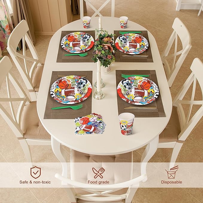 Kochorie 144 Pieces Sports Party Supplies, Sports Tableware Sets Including Disposable Paper Plates Napkins Cups Forks Serves 24 for Birthday Rugby Baseball Basketball Soccer Party Decorations