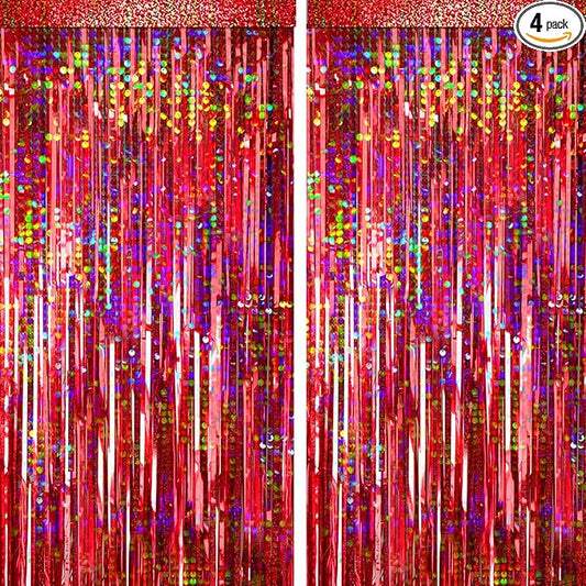 4 Packs Red Foil Fringe Curtain, Red Glitter Metallic Tinsel Backdrop for Birthday, Wedding, Baby Shower, Halloween, Christmas, Carnival, Casino Party Decorations Supplies