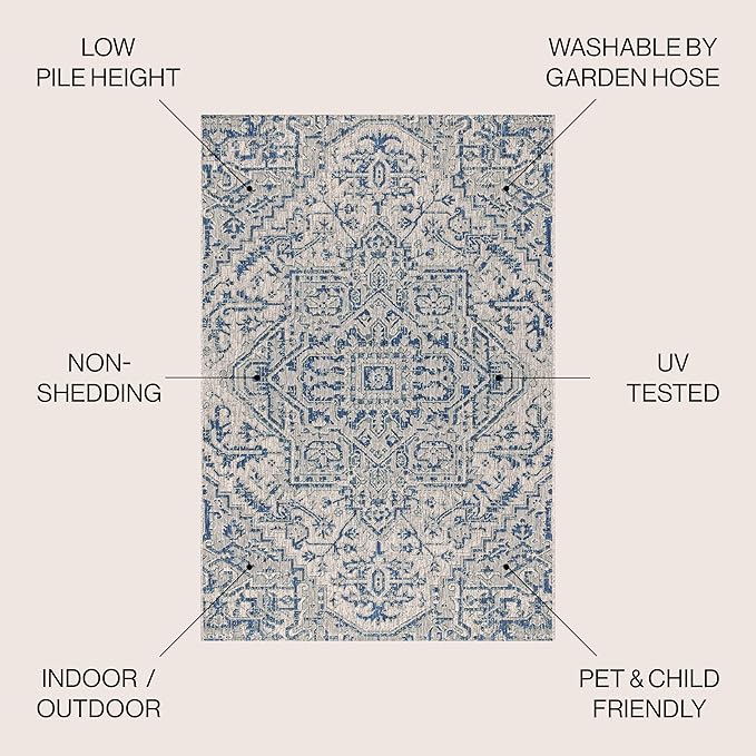 JONATHAN Y Boho Medallion Indoor Outdoor Round Area Rug 4 Ft Navy/Gray, Estrella Textured Weave for Backyard, Patio, Porch, Easy-Cleaning, High Traffic, Pet-Friendly, Non-Shedding (SMB105B-4R)