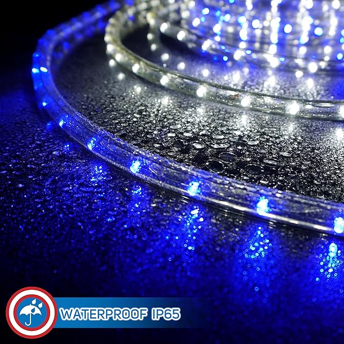 Russell Decor 60ft White Blue LED Rope Lights with 4-Level Dimmable Controller Outdoor Decorative Lighting for Christmas Winter Snow Wedding Party Theme