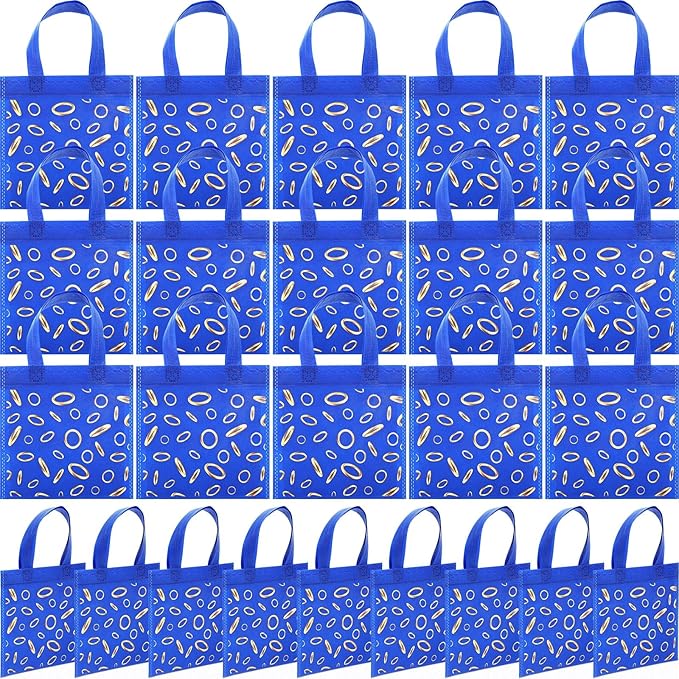 Tudomro 24 Pcs Blue and Golden Ring Favor Bags with Handle Reusable Non Woven Gift Bag Goodies Treats Totes for Video Game Birthday Party Supplies, 7.87 Inches