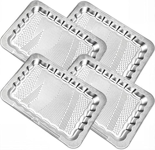 4 Pack 17.5" x 13.6" Large Silver Serving Trays for Dessert Table Stainless Steel Platters Floral Engraved Mirror Serving Platters for Wedding, Desserts, Party Food Display (Retro)