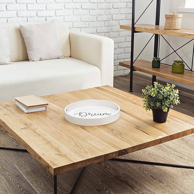 Elegant Designs HG2013-WDR Decorative 13.75'' Round Wood Serving Tray w/Handles, Dream, White Wash Dream