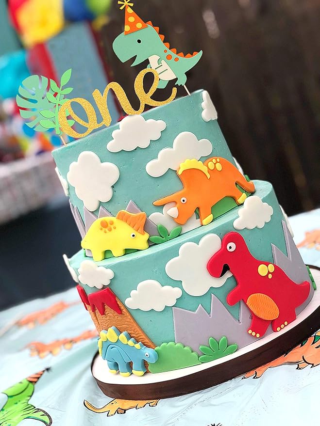 LaVenty Gold Dinosaur First Birthday Decoration Dinosaur One Cake Topper Dinosaur 1st Birthday Cake Topper for Boy Dinosaur Birthday Party Decoration