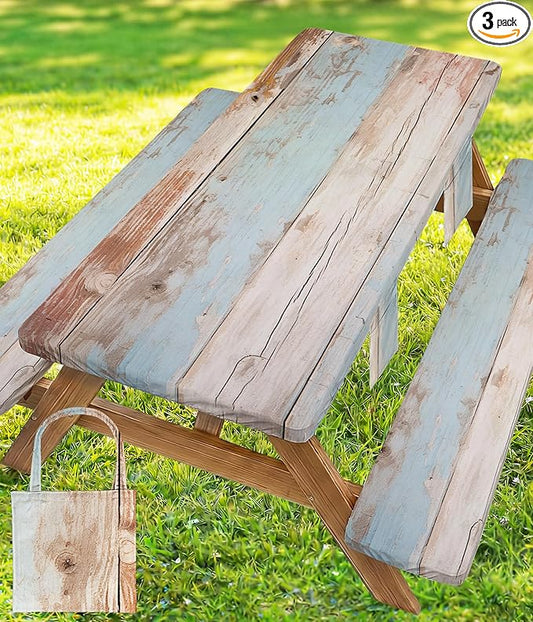 Picnic Table Cover with Bench Covers Waterproof Elastic Tablecloth Camping Essentials Gear Table Cloth Outdoor Glamping Cool Camping Gifts for Camper RV Owner Camping Lovers Family Couple Women Men