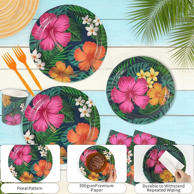 120 Pcs Tropical Hawaiian Aloha Party Supplies, 9 Inch & 7 Inch luau Party Paper Plates with Party Napkins and Disposable Plastic Forks for BBQs, Summer Party, Dinner, Wedding, Birthday, Picnic (Blue)