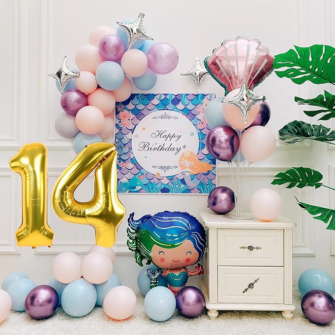 Gold Balloon, 40 inch Number 14 Foil, for Birthday, Graduation, Wedding Anniversary Decorations, Includes Glue, Tying Tool