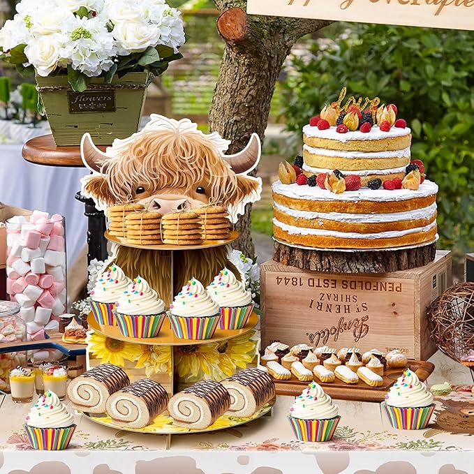 3 Tiers Highland Cow Cupcake Stand Baby Highland Cow Birthday Party Cardboard Cupcake Holder Decorations Sunflower Party Dessert Tower Animals Party Supplies for Kids Highland Cow Themed Baby Shower