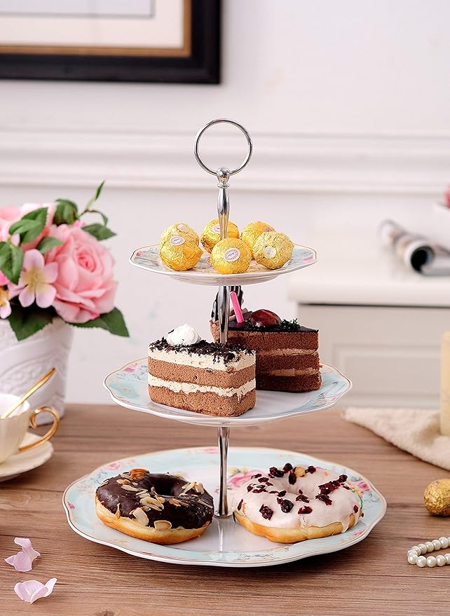 Jusalpha Light Blue 3-tier Ceramic Cake Stand- Cupcake Stand- Tea Party Pastry Serving Platter Comes In a Gift Box- Free Sugar Tong (FD-QD3T)