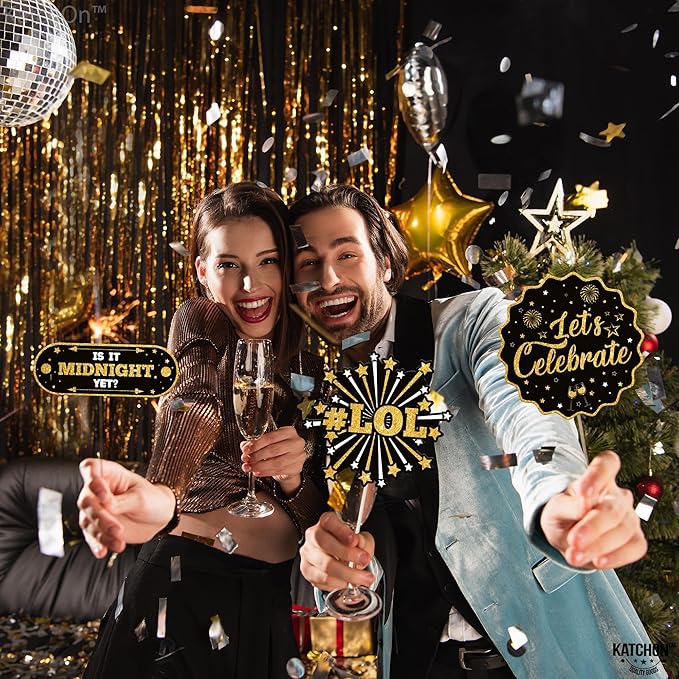 Katchon, 30 Pcs, Glitter New Years Photo Booth Props | NYE Photo Booth Props for New Years Eve Party Supplies 2026 | New Years Decorations 2026 | New Year Photo Props for NYE Decorations 2026