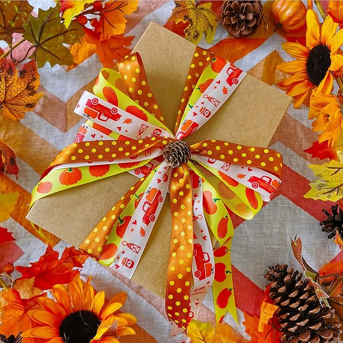 Supla 18 Rolls 90 Yards Assorted Fall Ribbons Bulk - Decorative Prints Grosgrain, Satin, Organza, Velvet 1" W for Season Wedding Festival Gift Wrapping Bows Crafts