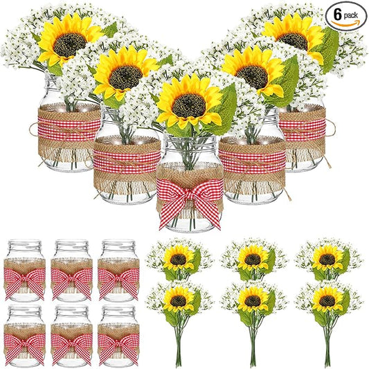 Daifunli 6 Set Picnic Party Centerpieces for Table Mason Jar Table Decor with Artificial Flowers Red Gingham Ribbon for Picnic Birthday Party BBQ Baby Shower Wedding(6,Sunflower & Baby's Breath)