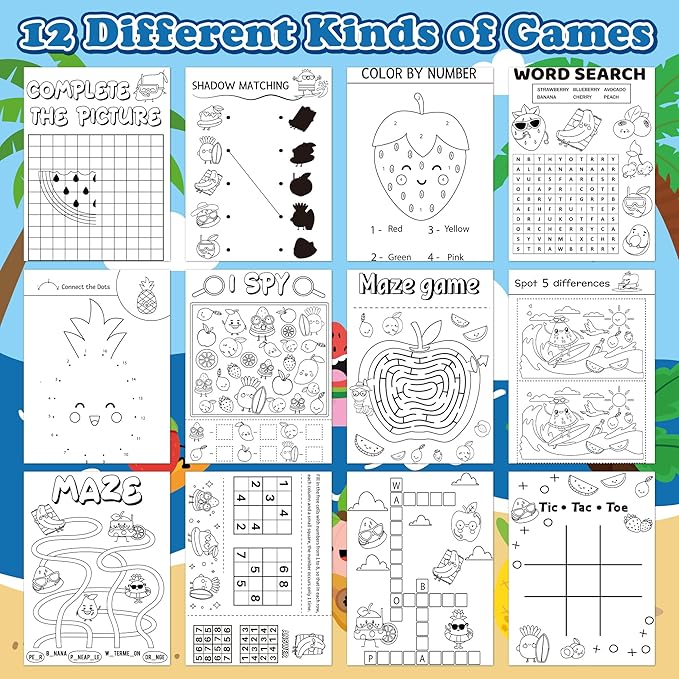 Summer Activity Books for Kids - 96Pcs Fruits Coloring Books Set Bulk Summer Tropical Search Mazes Word Scramble Games Mini Books for Party Goodie Bags Stuffers School Classroom Favors