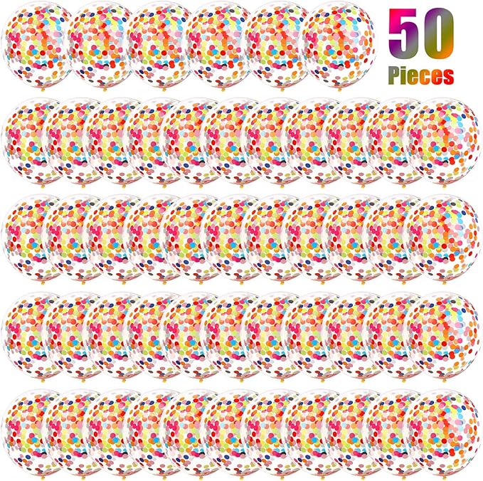 Gejoy 50 Pieces Rainbow Multicolor Confetti Balloons 12 Inches Latex Balloon with Bright Colorful Confetti Pre-Filled for Wedding Engagement Party Decoration