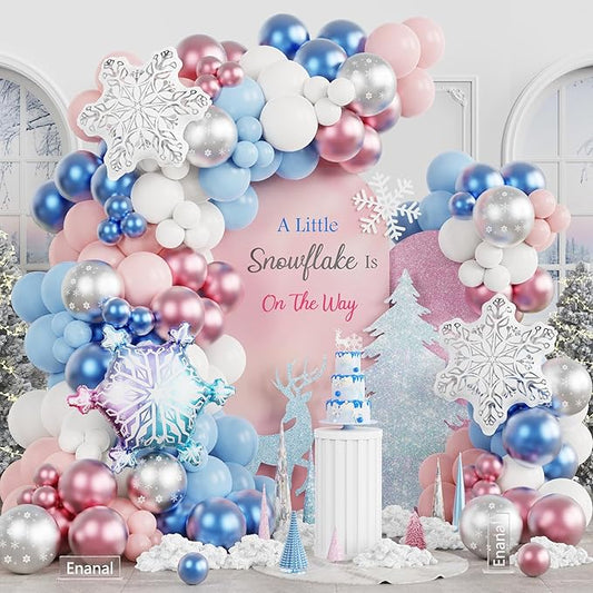 163pcs Little Snowflake Balloon Arch Kit - Metallic Pink Blue White Latex Balloons with Snowflake Foil Balloons for Winter Wonderland Party, Gender Reveal, Baby Shower, 1st Birthday Decorations