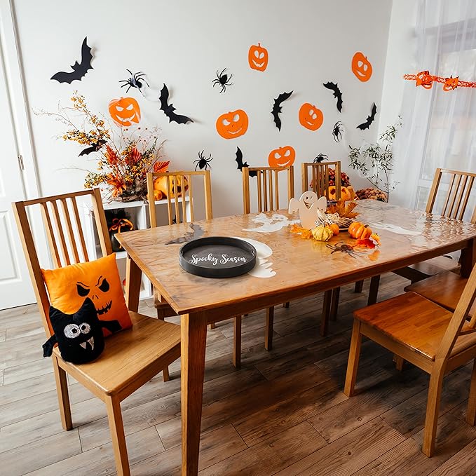 Elegant Designs HG2013-BKS Halloween Decoration Decorative 13.75'' Round Wood Serving Tray w/Handles, Black Spooky Season
