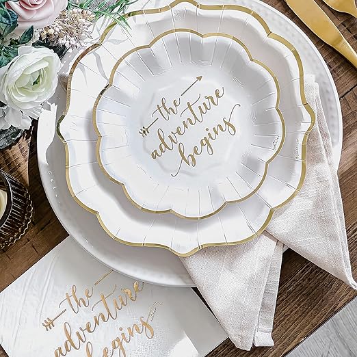 Kate Aspen The Adventure Begins Wedding Paper Plates and Napkins Set - 72 Piece Wedding Plates Disposable Party Tableware for 24 Guests - Bridal Shower Decorations, Engagement Party Decor