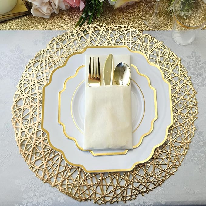 " OCCASIONS " 960 Piece set (120 Guests)-Heavyweight Wedding Party Disposable Plastic Plate Set - 120 x 10.5'' + 120 x 8'' + Silverware + Cups + Napkins (Imperial White & Gold)
