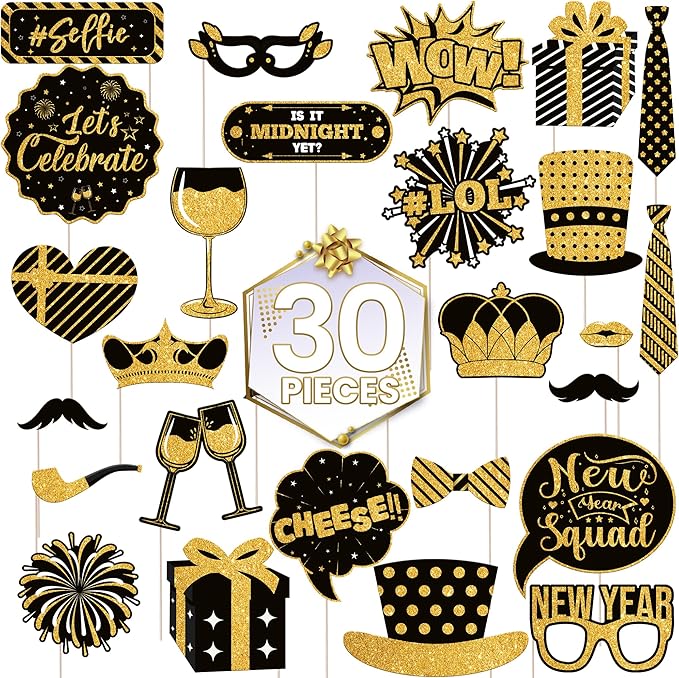 Katchon, 30 Pcs, Glitter New Years Photo Booth Props | NYE Photo Booth Props for New Years Eve Party Supplies 2026 | New Years Decorations 2026 | New Year Photo Props for NYE Decorations 2026