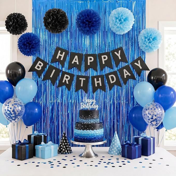 ANSOMO Blue and Black Happy Birthday Party Decorations for Boys Men Banner Balloons Navy Royal Light Blue Pom Poms Foil Curtain Décor Supplies 13th 16th 18th 20th 30th 40th 50th 60th 70th 80th