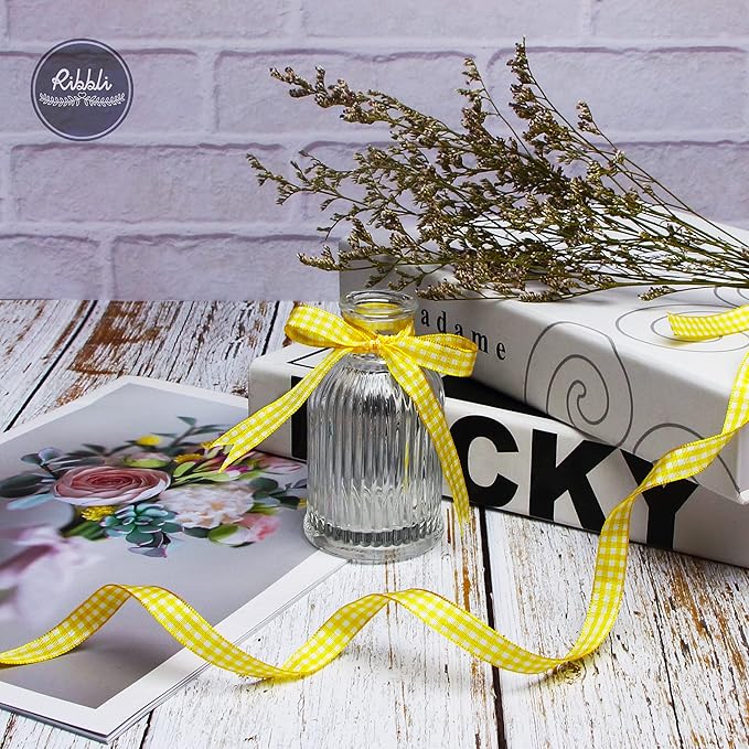 Ribbli Yellow and White Gingham Ribbon,100% Polyester Woven Edge,3/8 Inch x 10 Yard,Plaid Ribbon Use for Gift Wrapping,Party Decoration